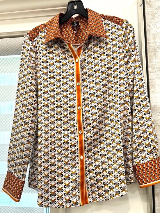Violet B Tops - Casual Women's Geometric Button-Down Blouse Shirt - Brown/White/Orange